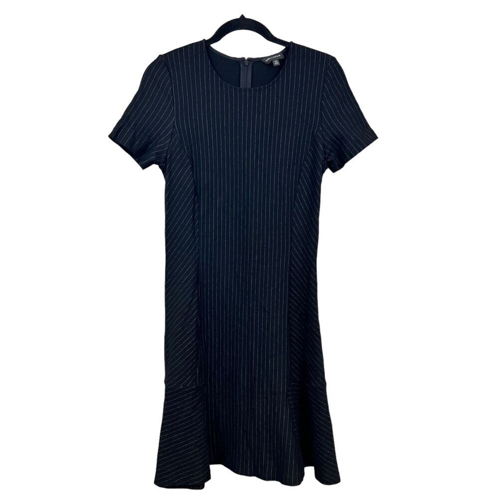 Lord & Taylor Womens Dress Fit & Flare Black Pinstripe Stretch Short Sleeve M*